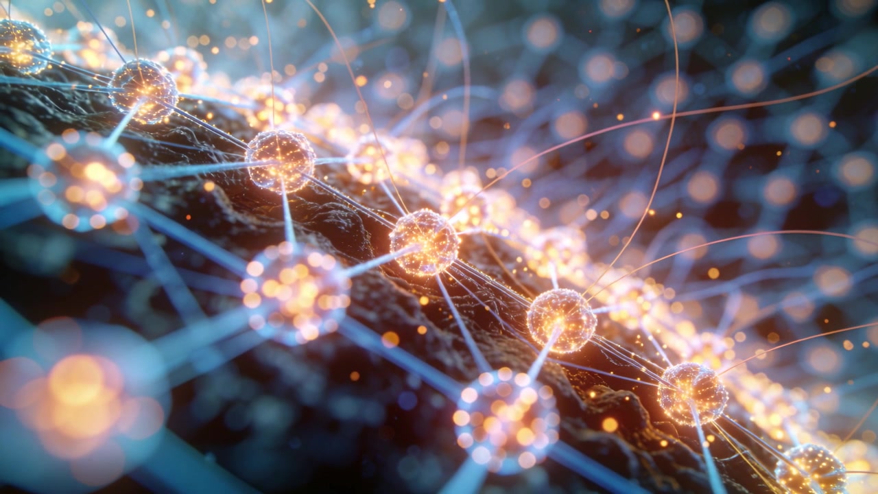 Shifting camera nudging chain nodes, blue threads pulsing in micro scene showing energy via sparks