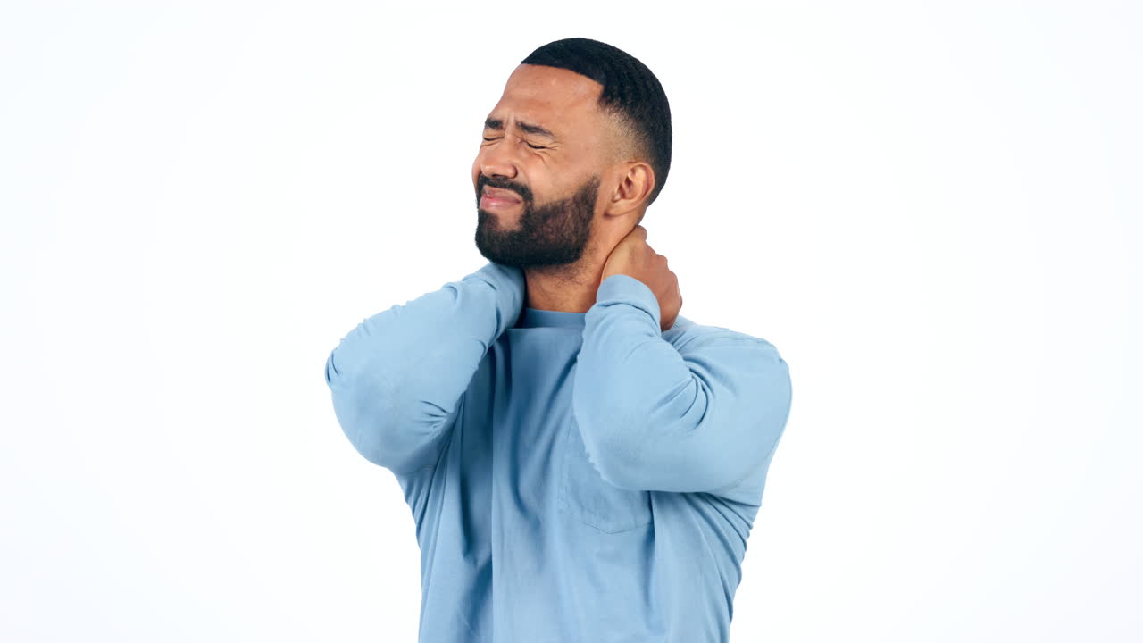 Studio space, stress and man with neck pain