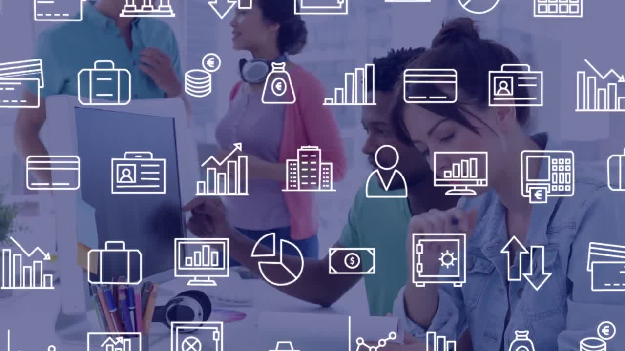 animación de iconos financieros sobre diversas personas que trabajan en la oficina