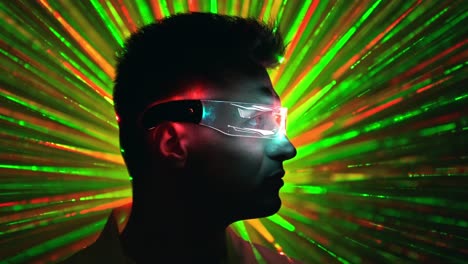 the man in interactive glasses on a colorful rays background