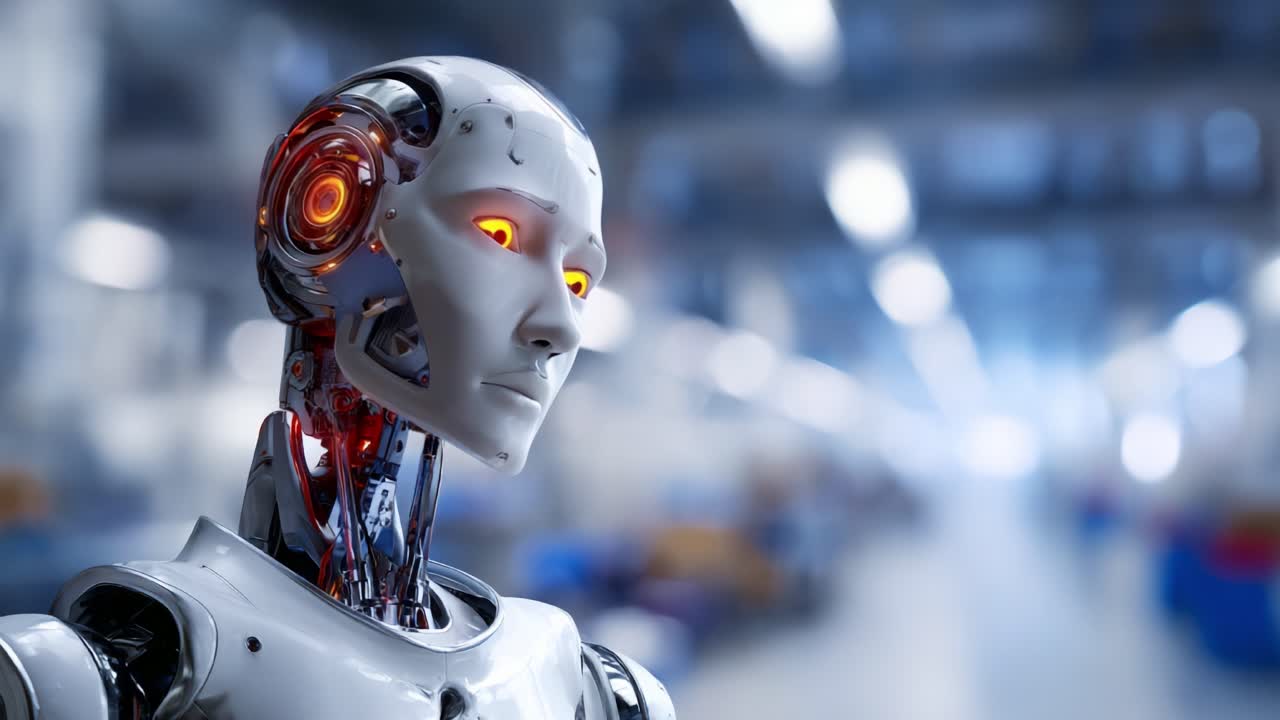 Bulanık makinelerle dolu yüksek teknoloji ürünü bir ortamda en son teknolojiyi sergileyen, gelişmiş özelliklere ve ışıklı devrelere sahip fütüristik insansı robot