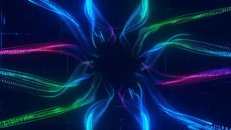 abstract digital data flow with neon light trails and binary code