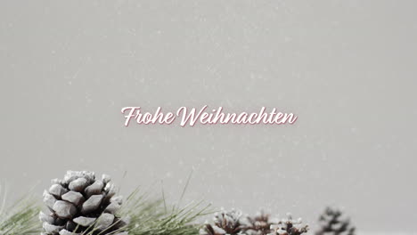 frohe weihnachten text with christmas tree branch and pine cone on grey background