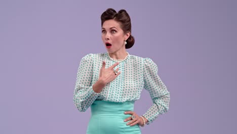woman in retro attire with varying expressions and gestures