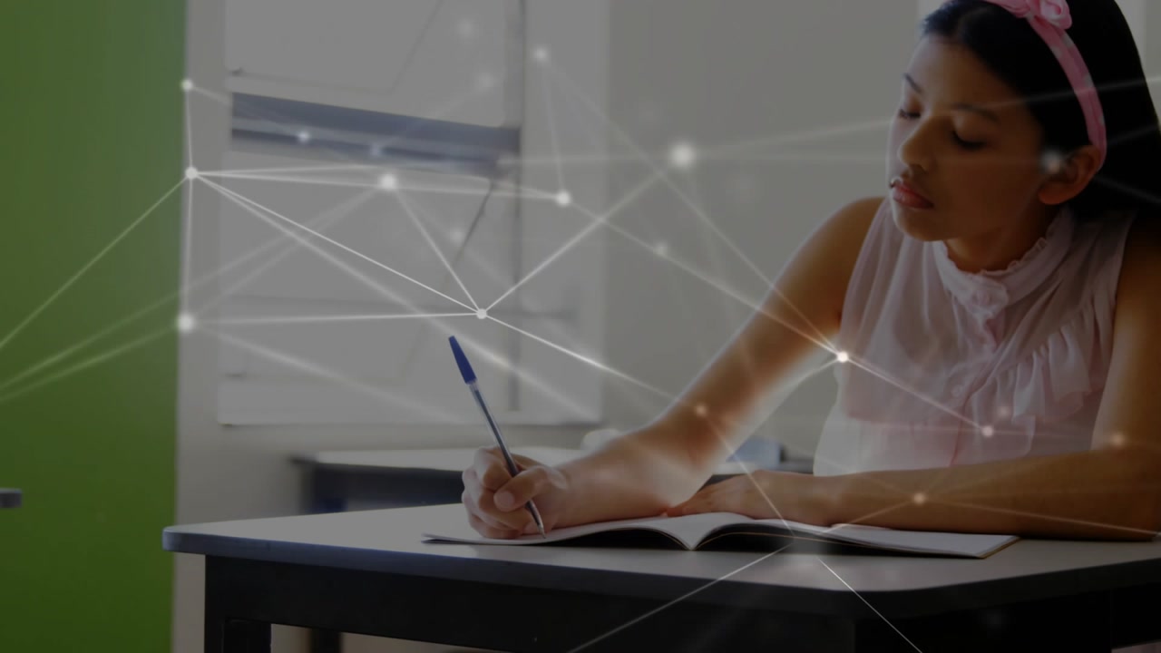Student writing with blue pen causing network overlay floating over page, camera pulling back