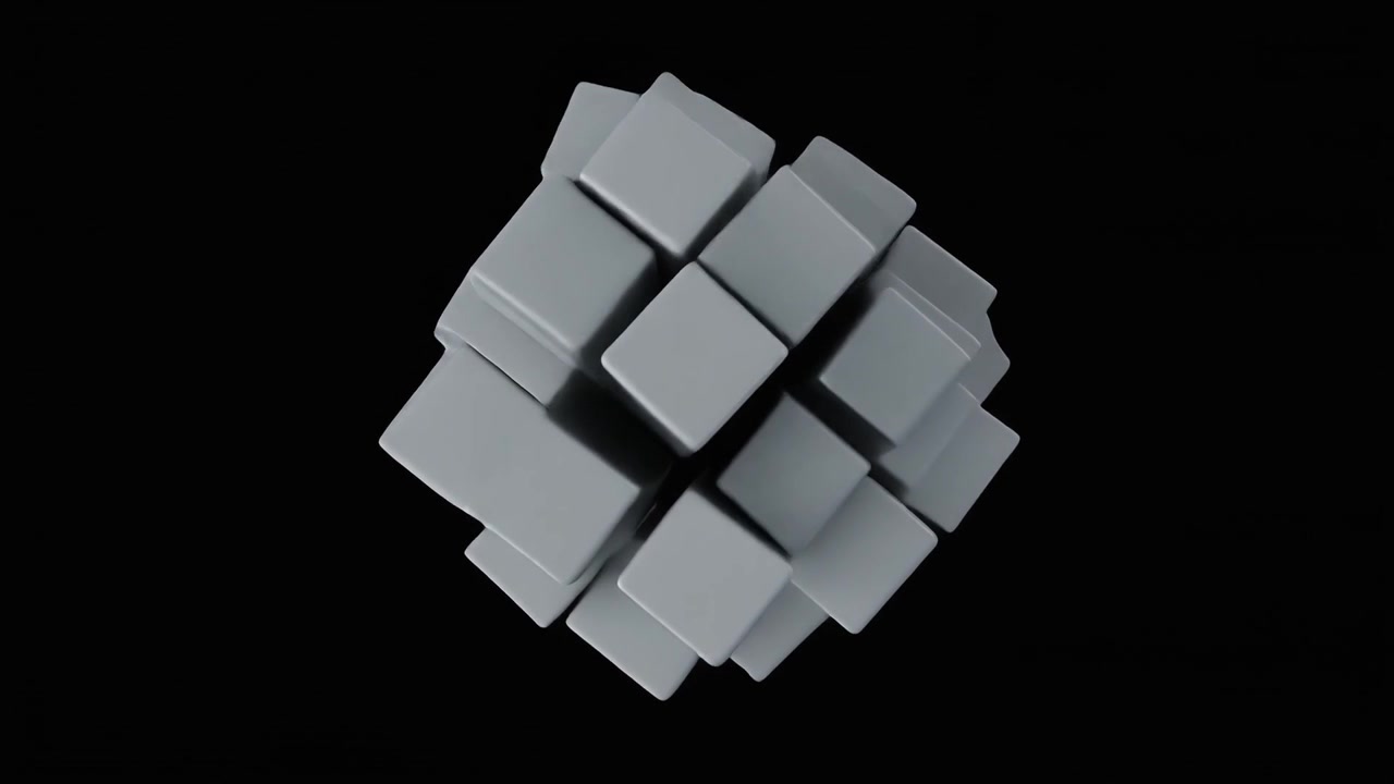 Abstract Animation of Grey Cubes Moving and Reforming on Black Background