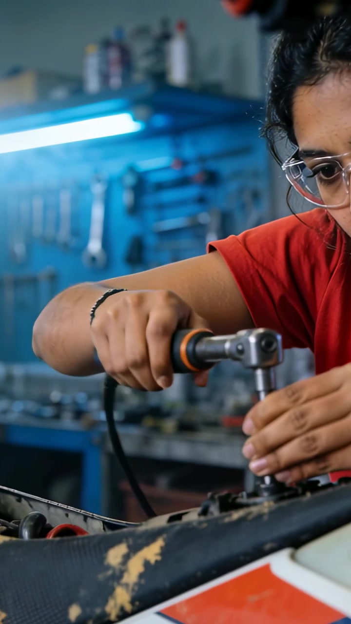 Vertical video: Positioning socket, tightening bolt, mechanic in red shirt at bench with ratchet