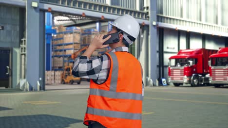 back view of asian male engineer with safety helmet talking on smartphone while standing , outside of logistics distributions warehouse