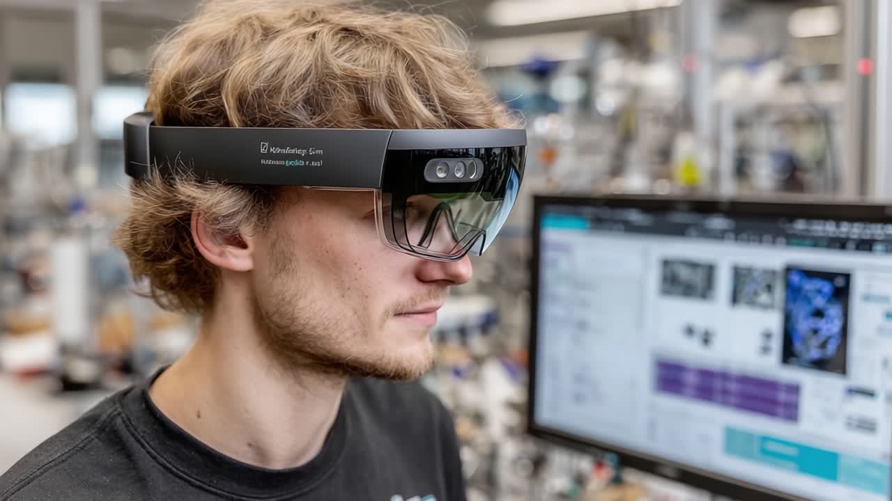 An Individual Wearing Augmented Reality Glasses in a High-Tech Environment, Focused on a Computer Screen with Visualizations and Data Analysis Tools