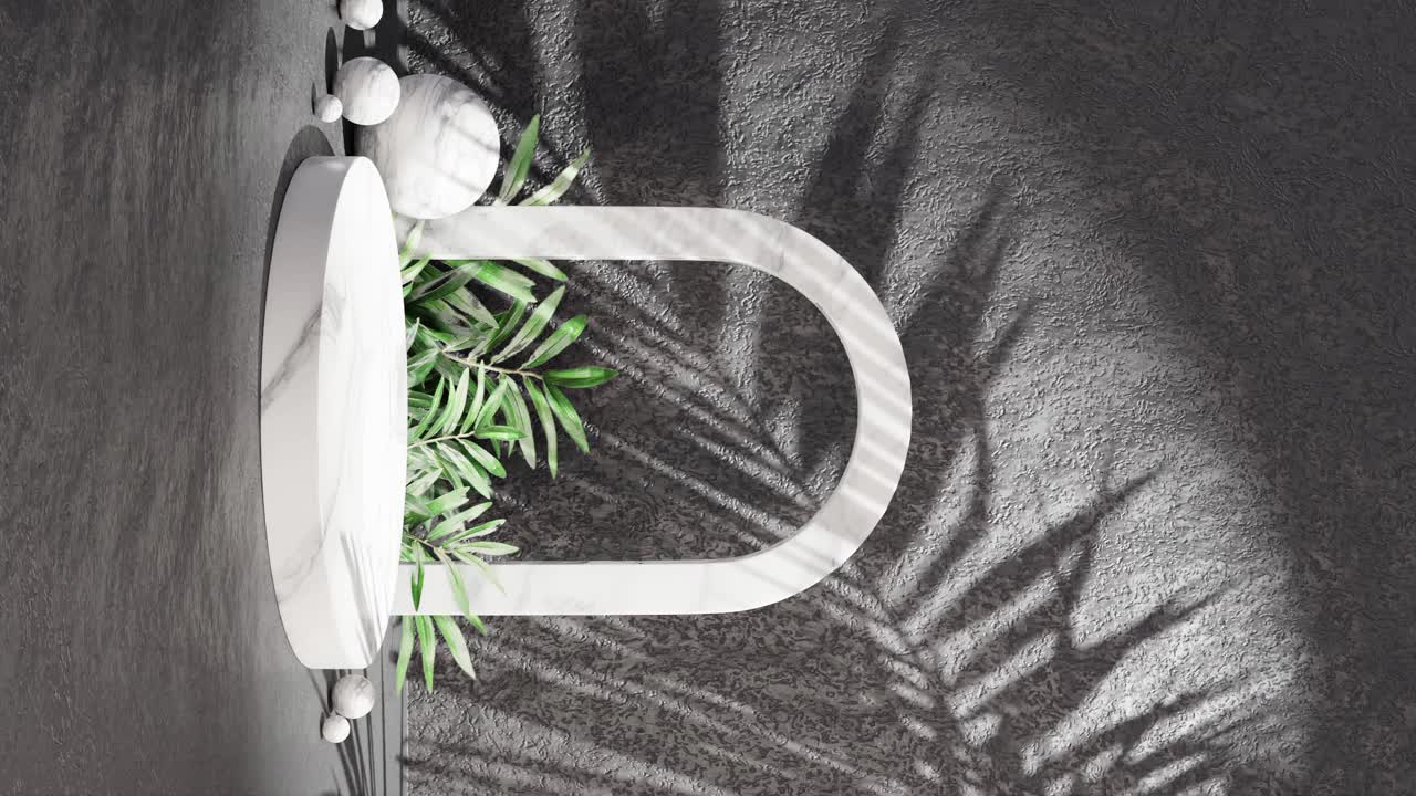 bolas de plataforma de arco de mármol con sombra de hoja de palma, fondo de textura negra