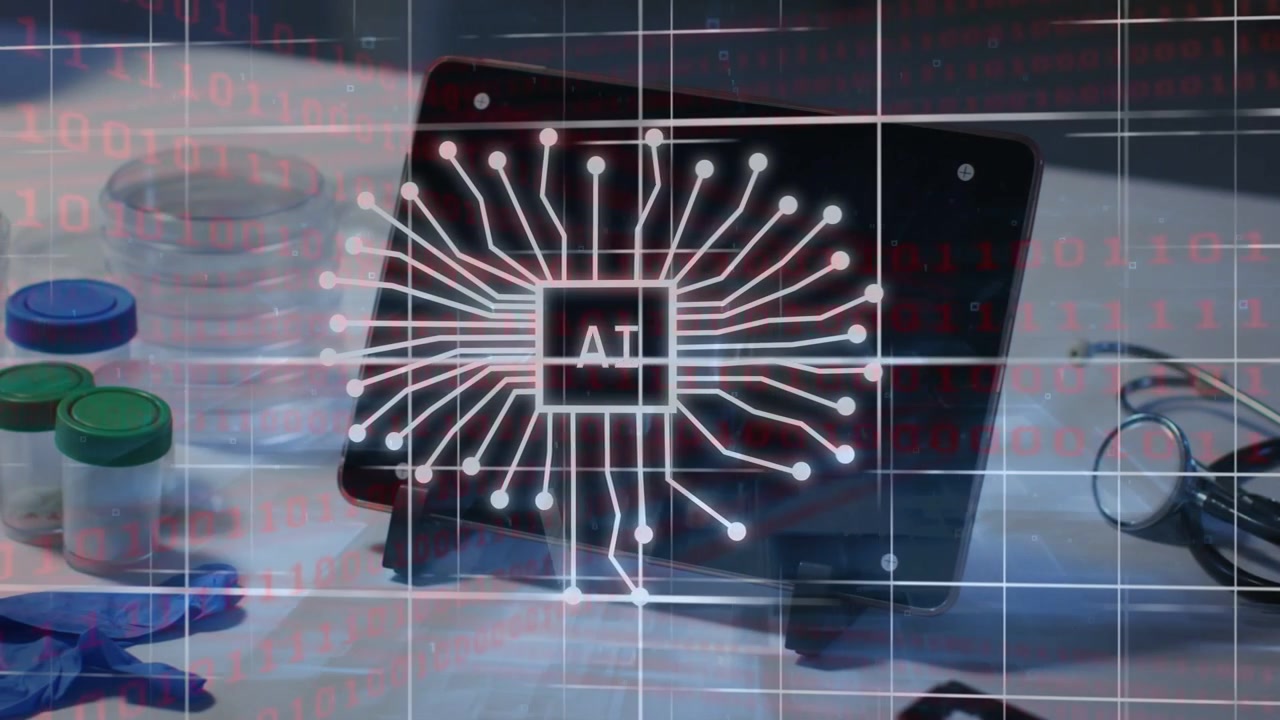 Vertical graphic appearing before black tablet growing into glowing AI chip, visualizing tests
