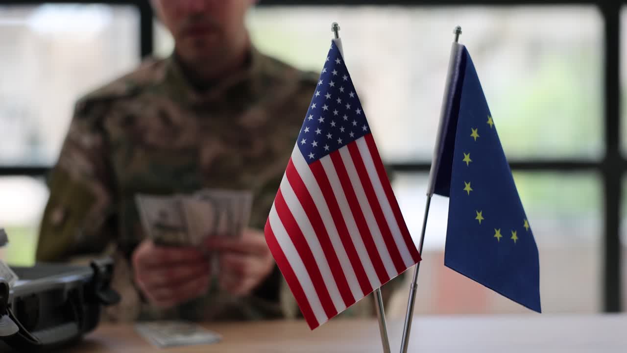 US and EU Flags with Soldier Counting Money