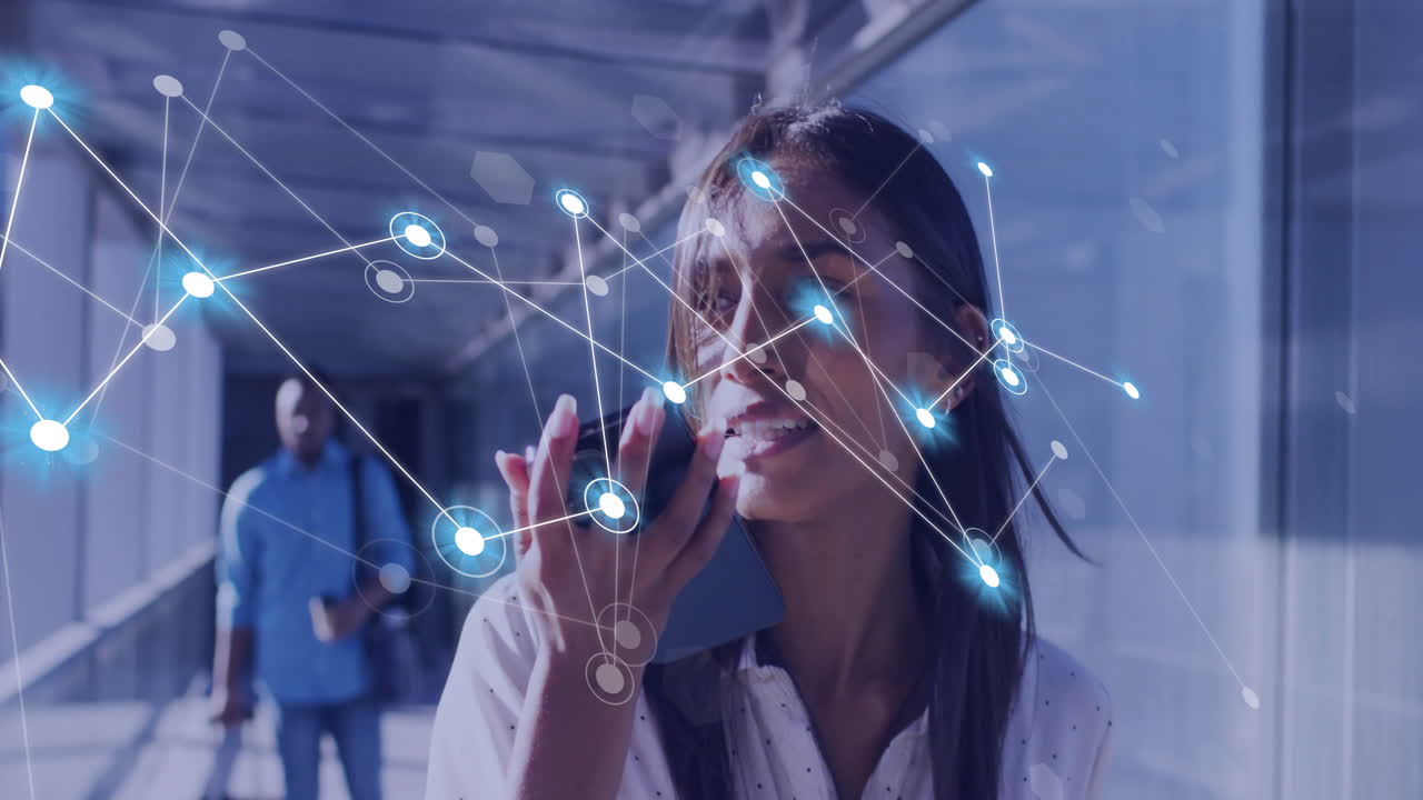 animación de conexiones sobre mujer de negocios biracial usando teléfono inteligente en el aeropuerto