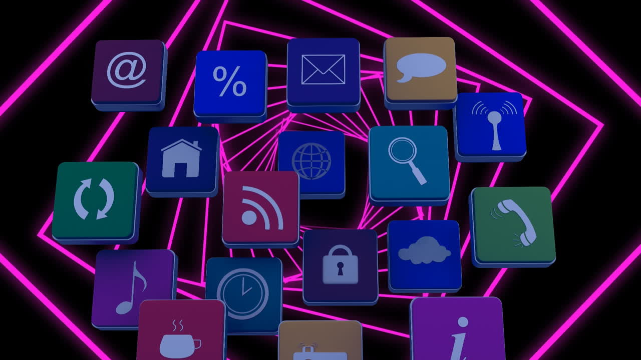 animación de iconos sobre cuadrados que se mueven sobre un fondo negro