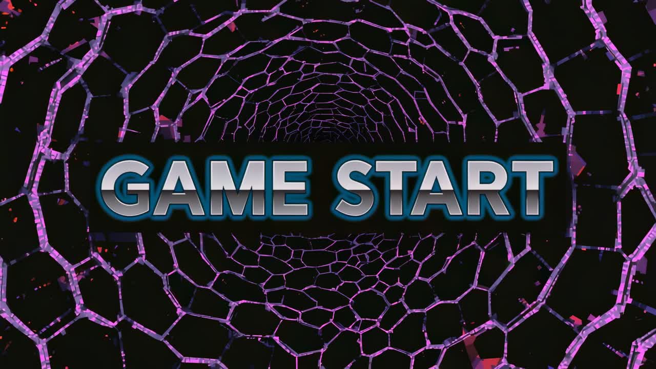 Emerging lens flare orb moving behind ‘GAME START' text in 3D hexagonal tunnel, illuminating bars