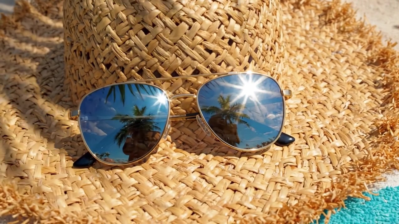 Una vibrante escena veraniega con un elegante sombrero de paja, gafas de sol reflectantes y elementos costeros en un entorno de playa de arena.