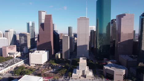 aerial view of downtown houston skyscrapers and city hall building, texas usa, drone shot