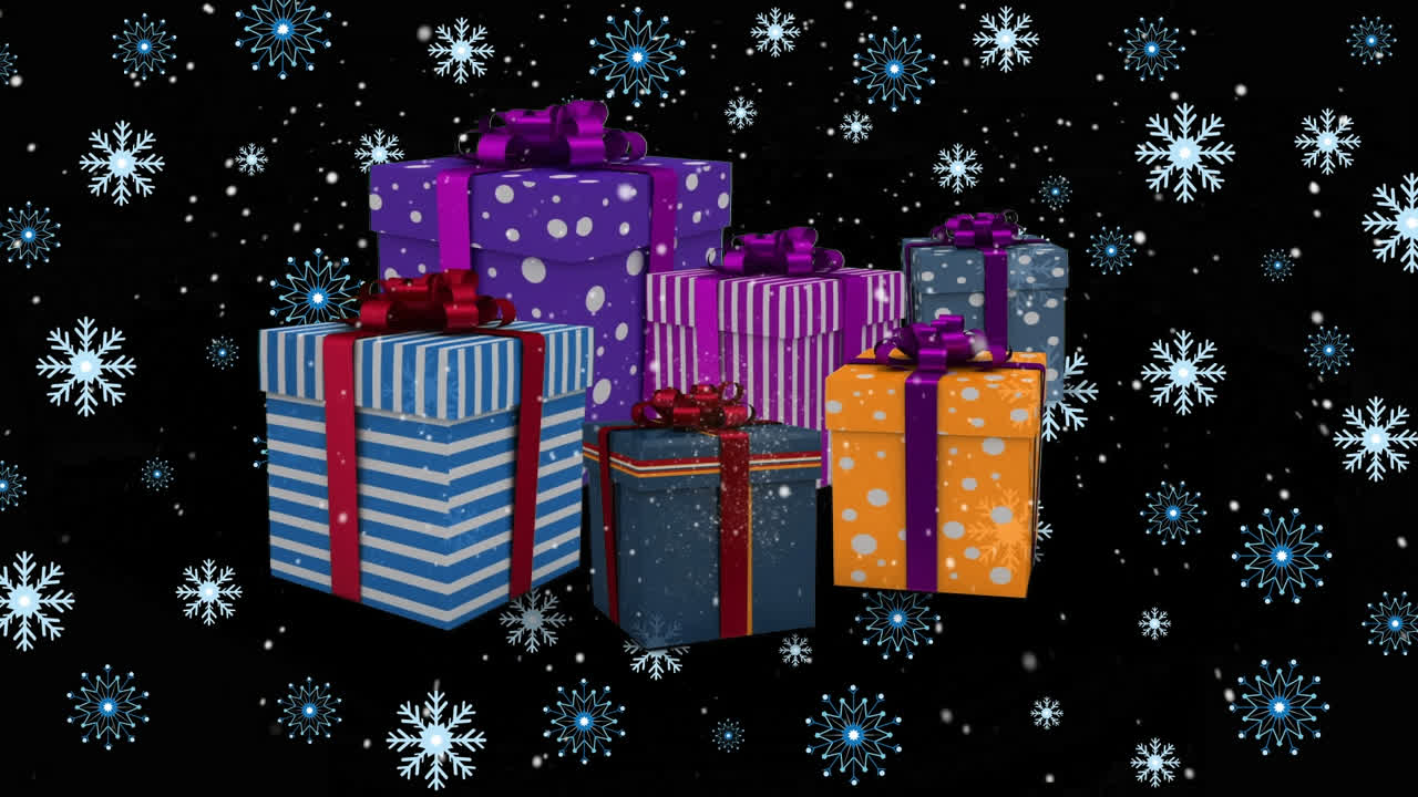 Animation of christmas snowflakes falling over presents on black background