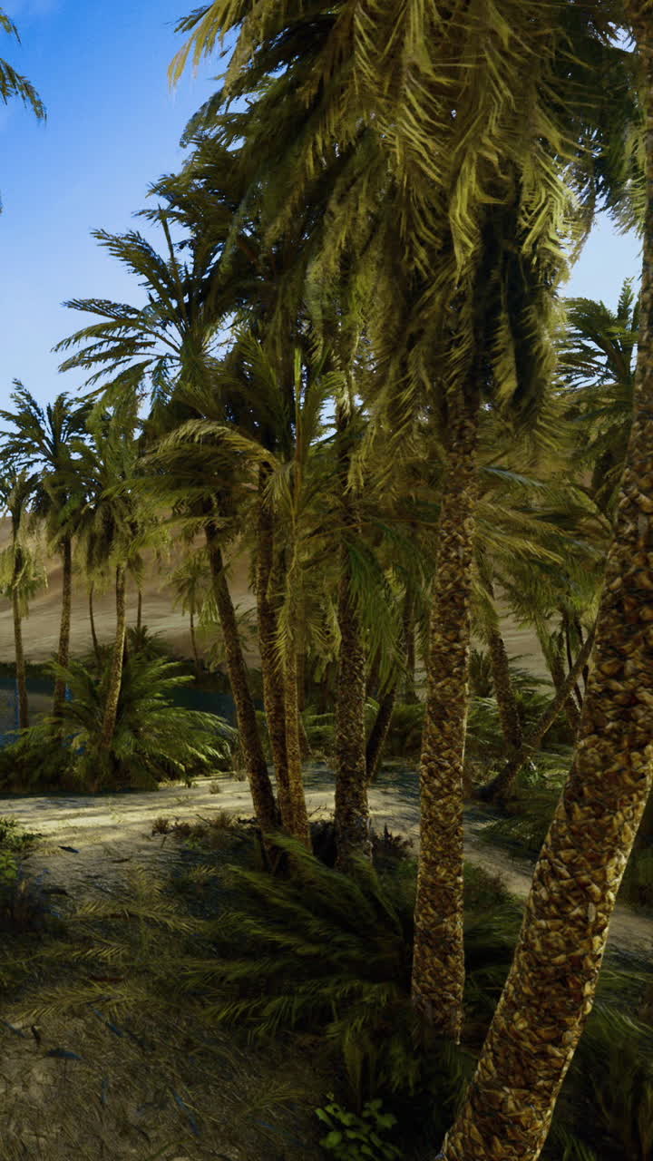 Palm trees near a water source in a desert landscape during the day