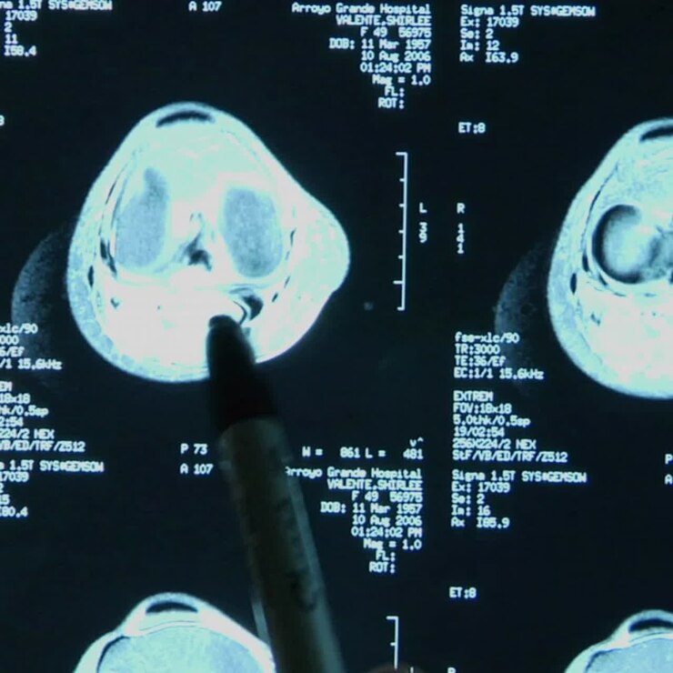 Una mano che tiene un pennarello indica delle caratteristiche su una radiografia