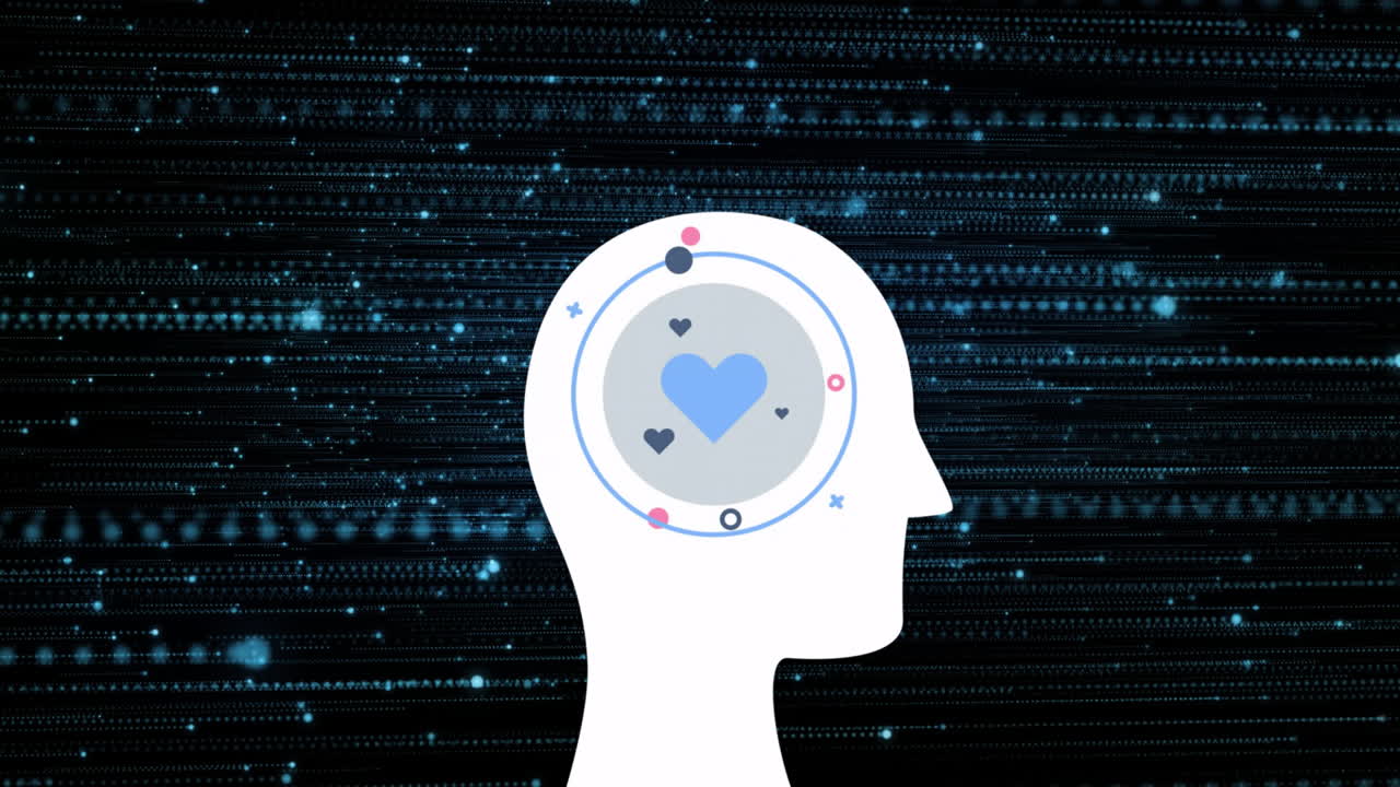 검은 바탕에 조명된 점 위에 인간의 머리에 심장이 있는 원의 애니메이션