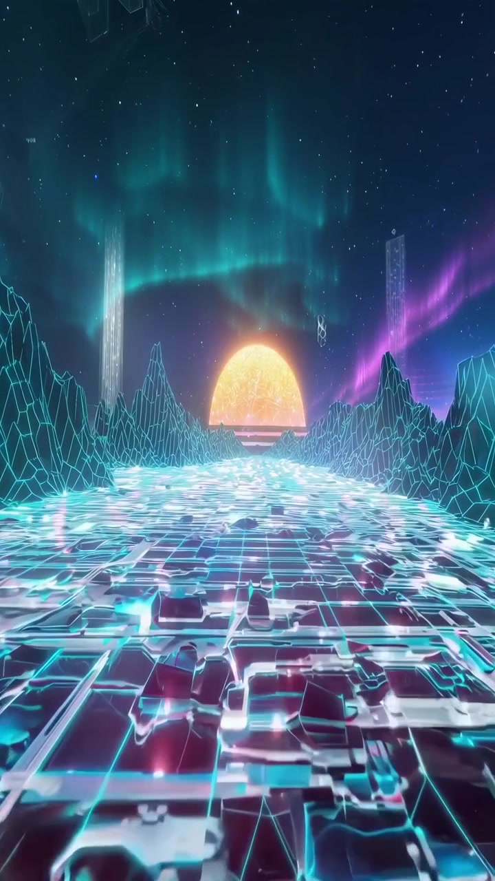 Paesaggio Retro Synthwave con Griglia Luminosa e Aurora Boreale