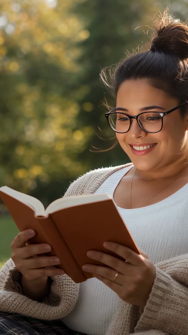 Hochformatiges Video: Frau mit beigefarbener Strickjacke und Brille liest entspannt ein gebundenes Buch im Park