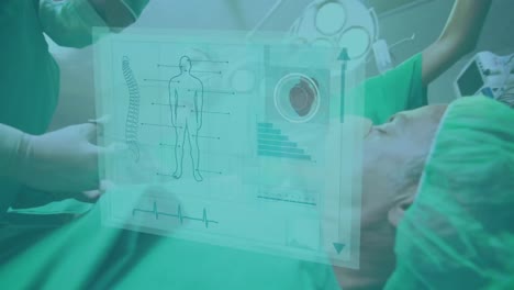 animation of network and data processing over surgeons operating on patient in theatre