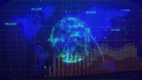 digital globe with data points and bar graphs, financial data processing animation