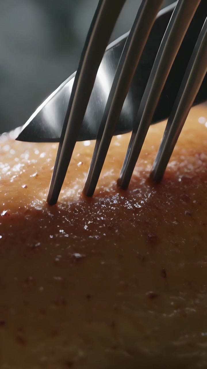 Video verticale: Forchetta di metallo che entra, trafiggendo carne condita e scottata su un piatto, per testarne la cottura.
