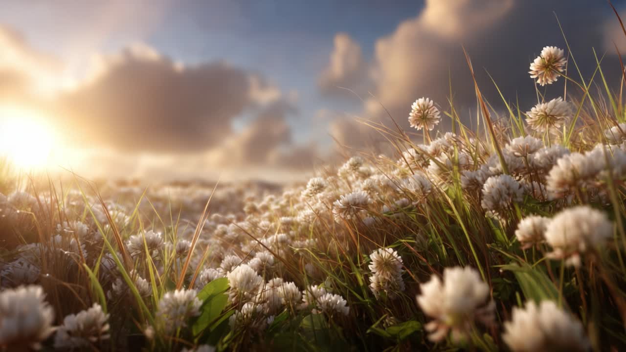 A Beautiful Sunrise Over a Field of Blossoming Clovers with Soft Clouds and Sunlight Enhancing the Natural Landscape