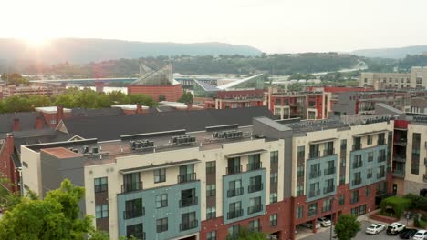 upscale modern apartment building in downtown urban city setting in usa at sunset, sunrise