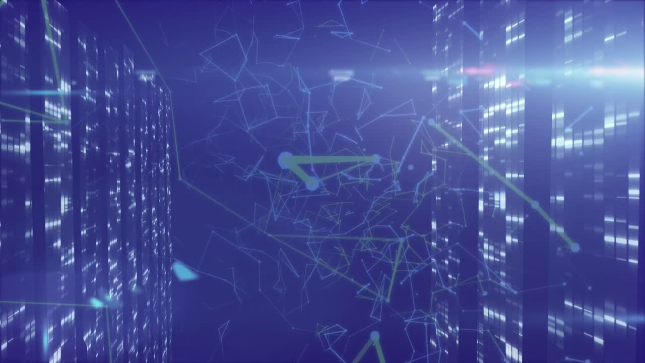 Animation of network of connections over moving columns on black background