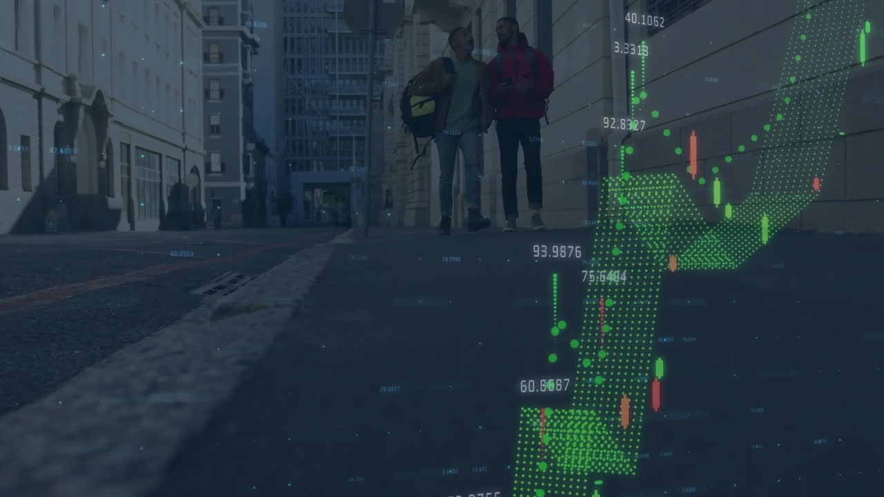 그래프의 애니메이션, 변하는 숫자, 다양한 친구들이 도시의 보행로를 는 동안 토론합니다.