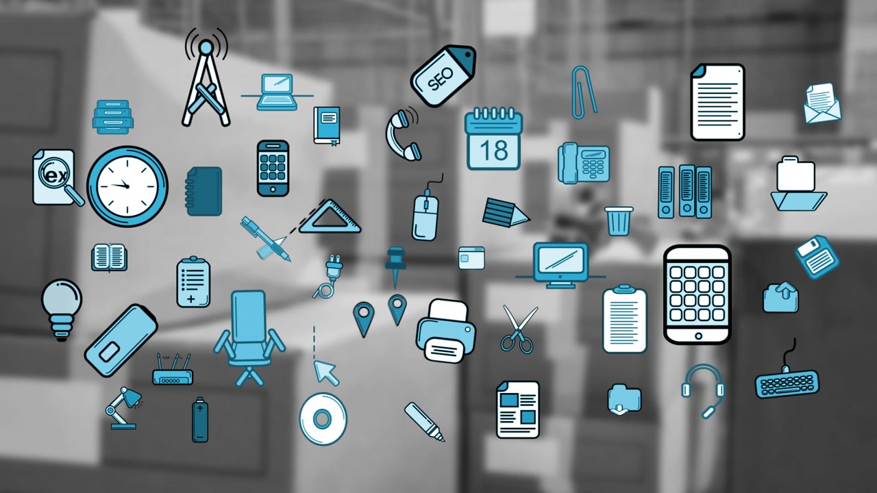 Animated Office and Business Icons Over Blurred Warehouse Background
