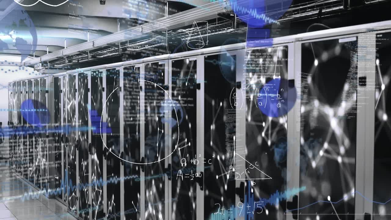 Animation of mathematical equations and data processing against empty computer server room