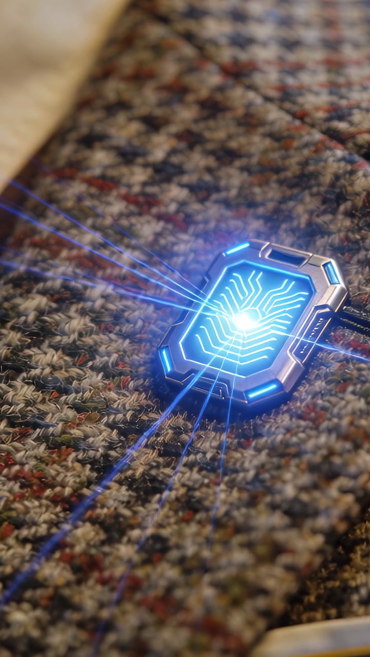 Vertical video: Reaching hand activating device with cable on tweed, causing blue rays, copy space