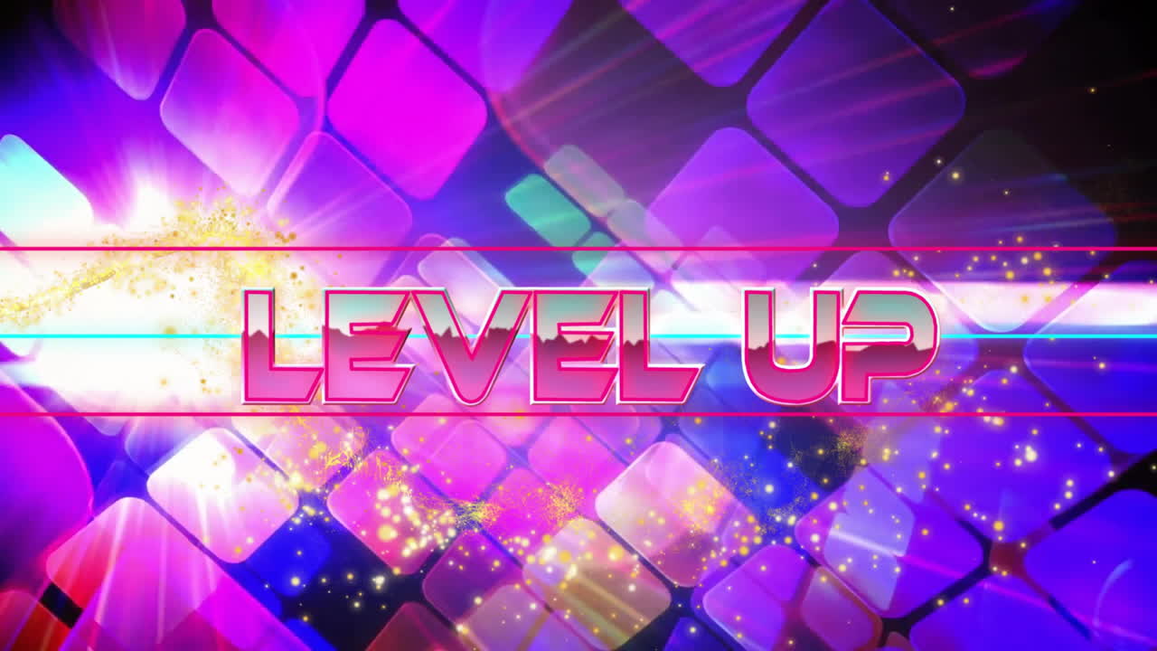 검은 바탕에 파란 사각형 위에 레벨 업 텍스트와 움직이는 렌즈 플레어의 애니메이션