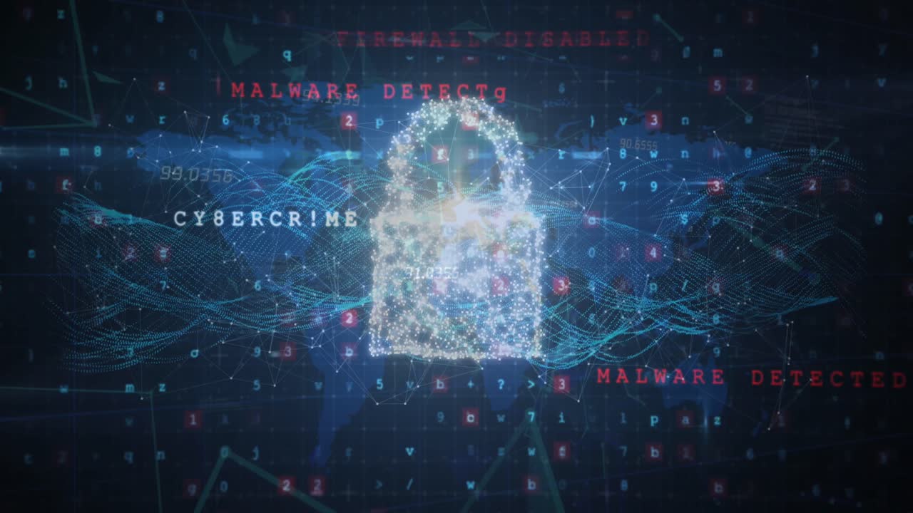 animación de iconos de conceptos de seguridad cibernética y procesamiento de datos sobre una pantalla futurista que toca con la mano