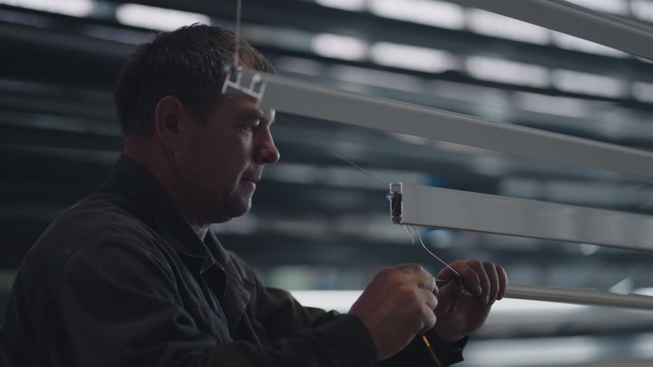 primer plano tímido en la fábrica en cámara lenta. molar masculino adulto en la fábrica fija perfiles de acero para pintar