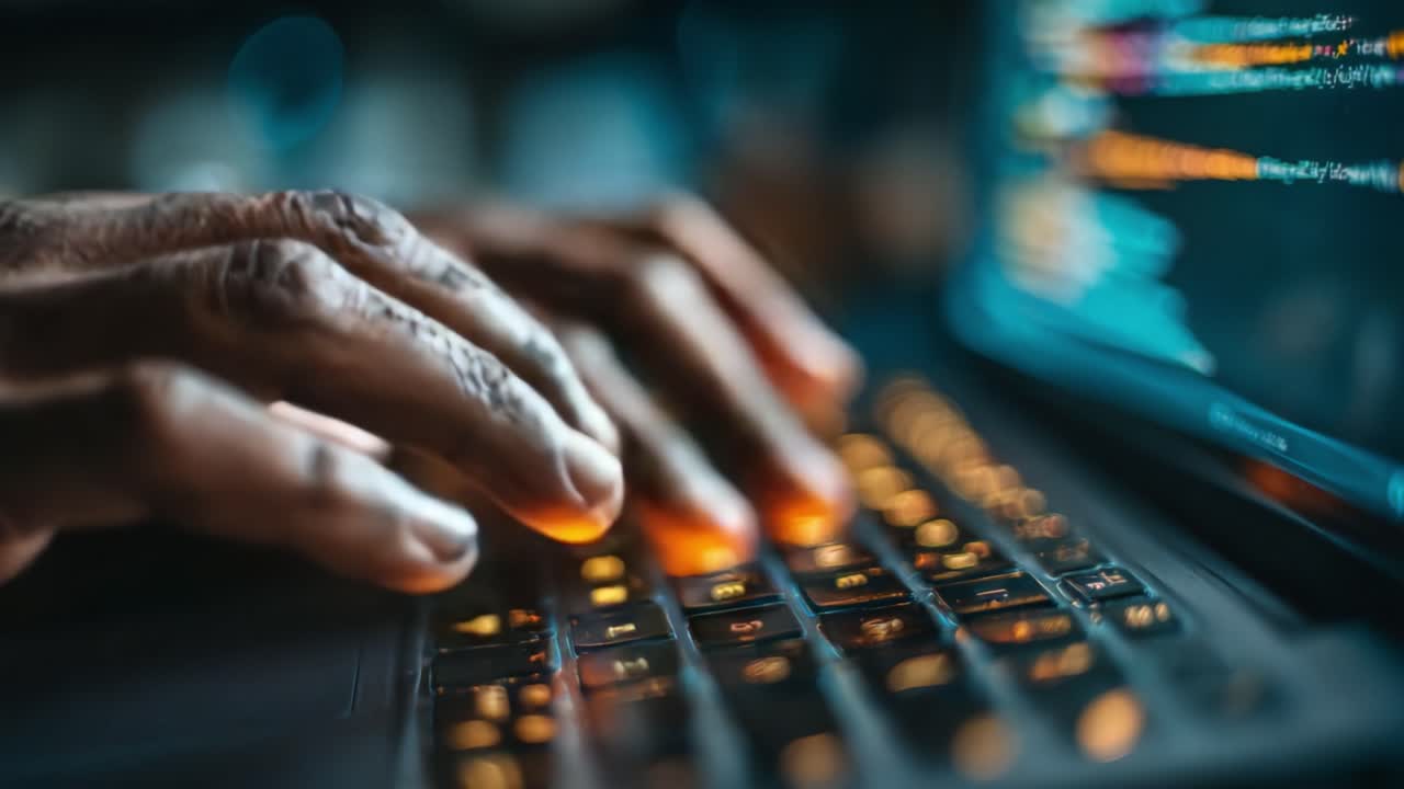 A Close-Up Perspective of Hands Typing Intently on a Backlit Keyboard, Illuminating the Artistry of Programming and Coding in a Dimly Lit Environment