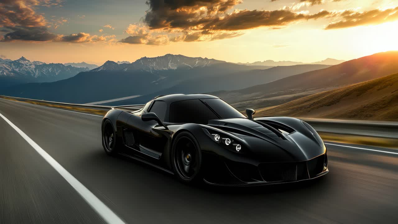 Inquadratura dinamica dal basso di un'elegante auto sportiva nera che sfreccia su un'autostrada al tramonto