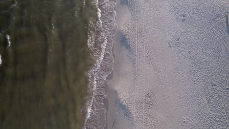 aerial top down shot of waves reaching sandy