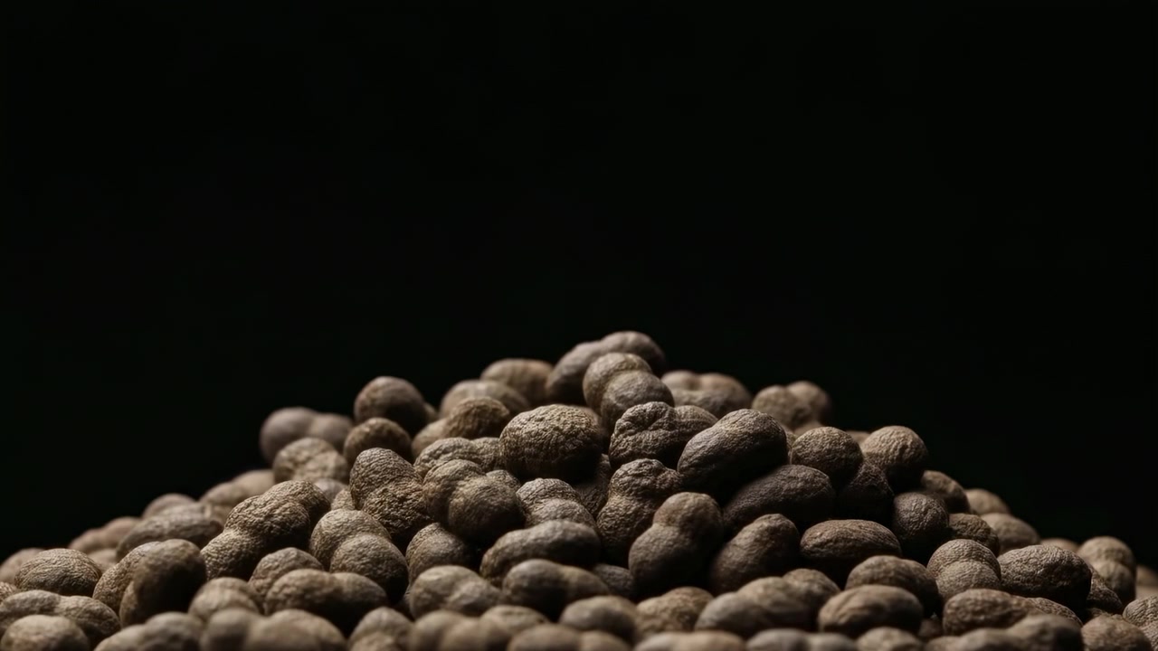 Lento movimento in avanti della telecamera avvicina un denso mucchio di semi di noce moscata marroni, enfatizzando la texture naturale ruvida, le forme ovali sovrapposte, le ombre morbide e un ambiente nero isolato.