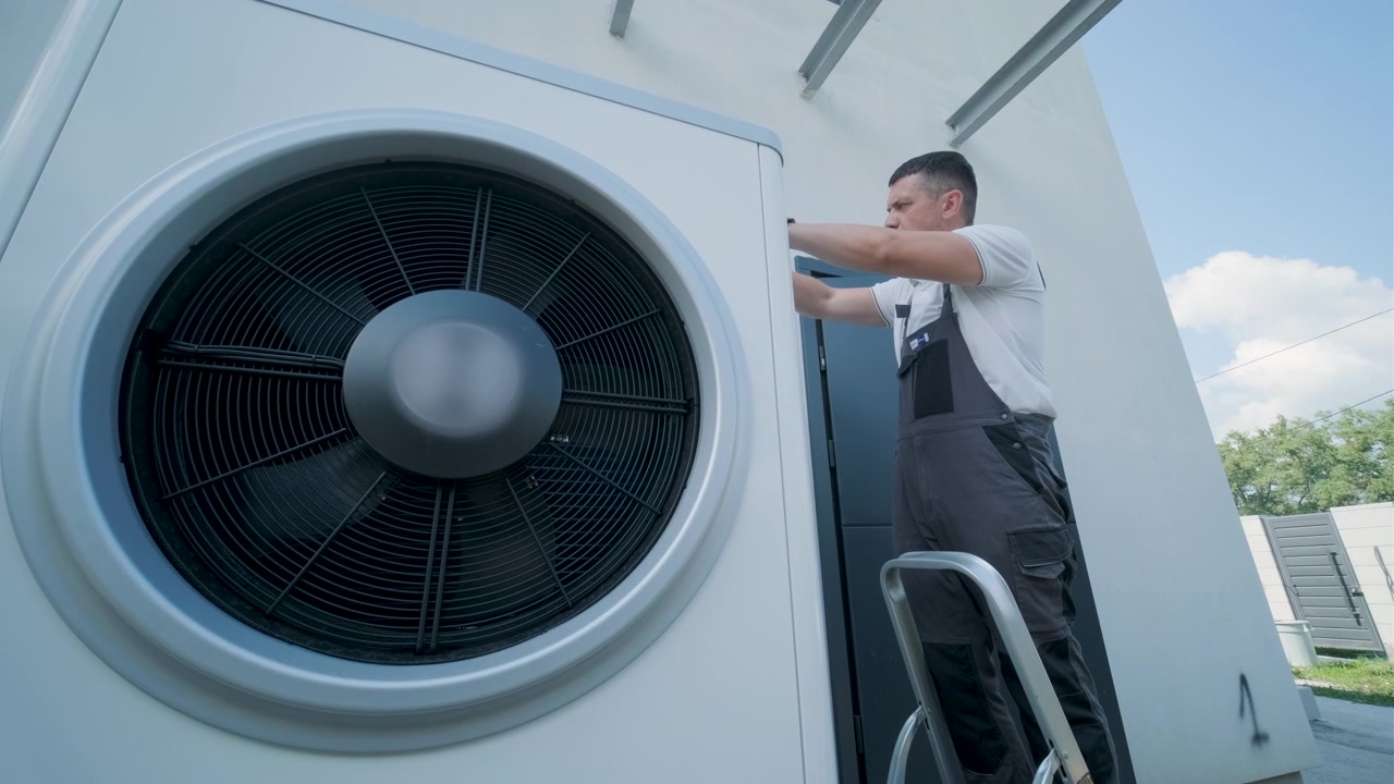 Technicus die een buitenunit van een airconditioning onderhoudt
