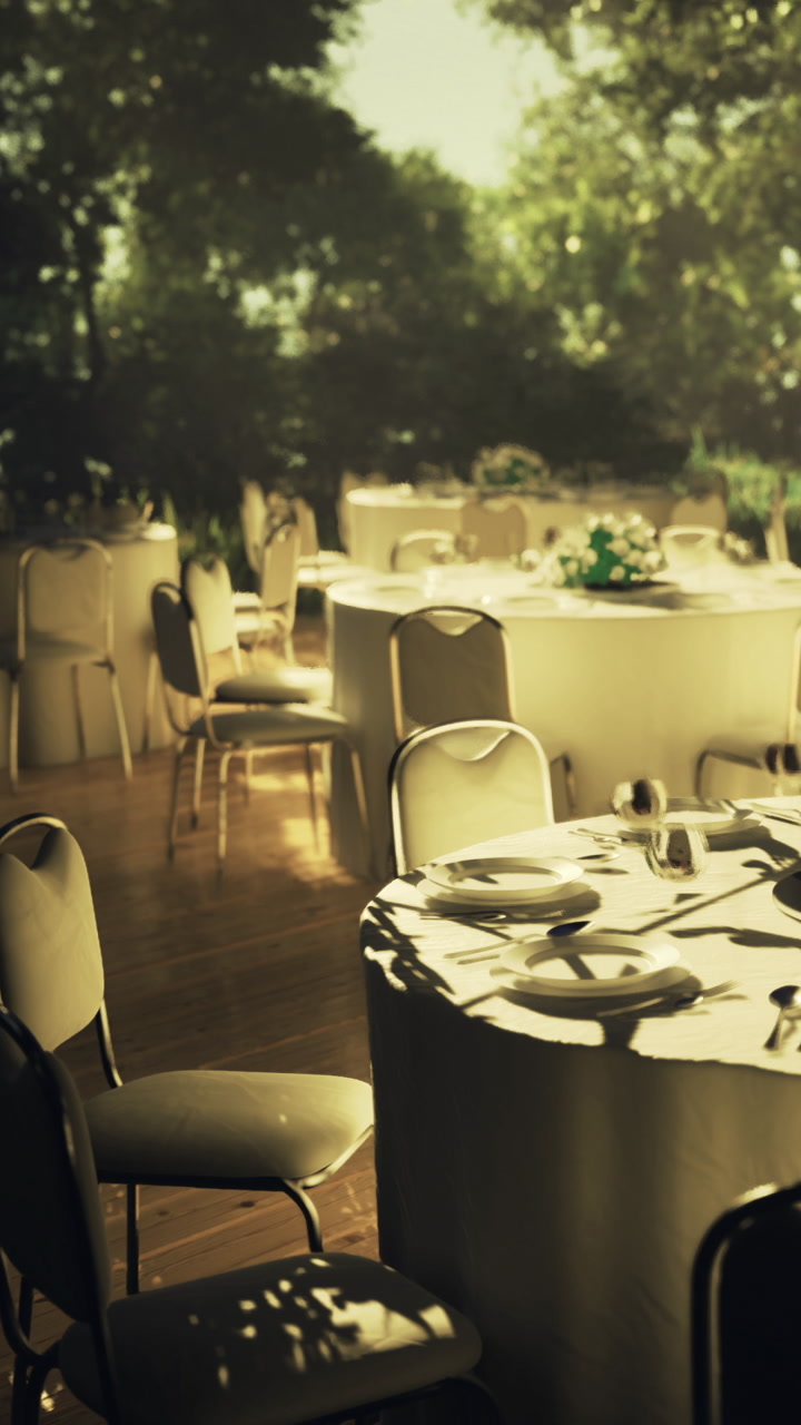 Seating arrangement for event in outdoor space set during bright day