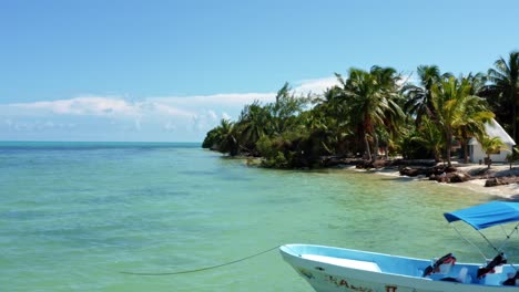muñeca aérea en toma de drones de la costa de un pequeño pueblo pesquero en la reserva natural de sian ka&#39;an cerca de tulum, méxico con pequeños barcos de pesca, muelles, palmeras y arena blanca en un día de verano