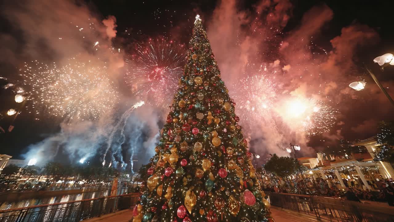 Una notte incantevole di festa per celebrare il Natale, con un albero meraviglioso addobbato con decorazioni colorate, illuminato da uno spettacolare spettacolo pirotecnico sullo sfondo
