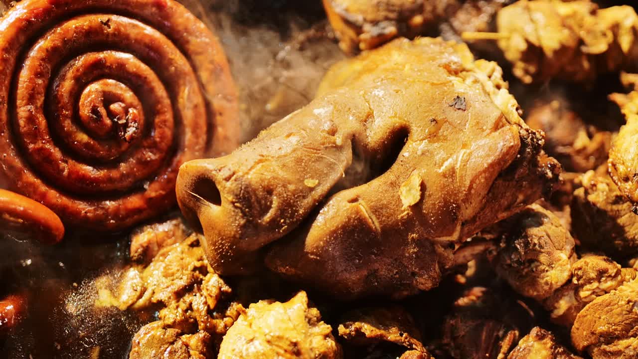 Richly roasted pig’s head, coiled sausage steaming, street Latvia market, 4K