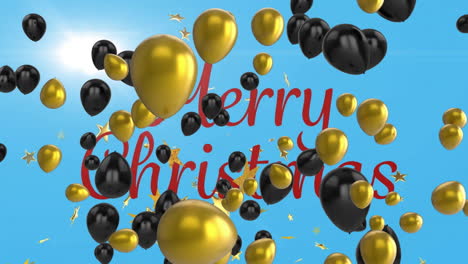 animación de globos y estrellas sobre el texto de feliz navidad en fondo azul